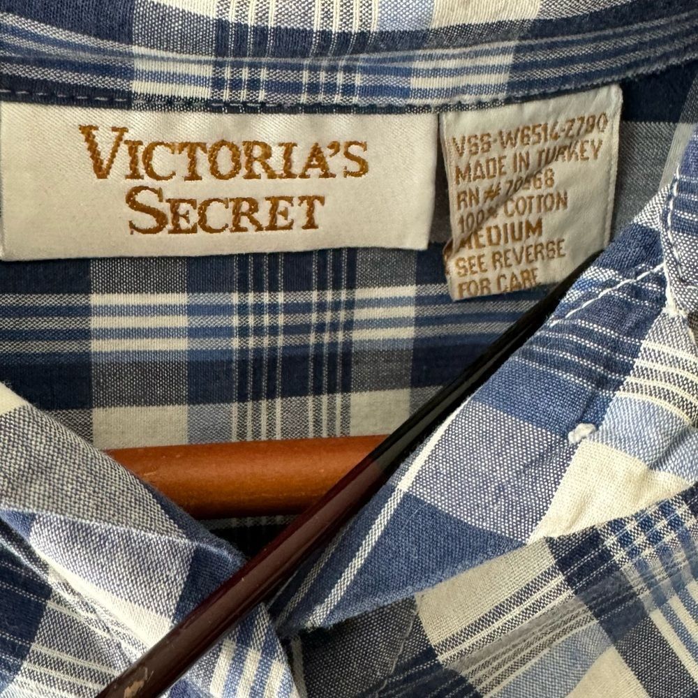Victoria's Secret Pink Beige Plaid Print V-Neck Button Down Tunic Top Shirt Sz M - Picture 3 of 3